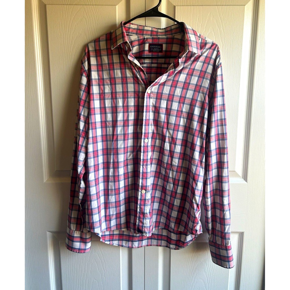 UNTUCKit Men's M Long Sleeve Button-Up Point Collar Woven Plaid Blue Red